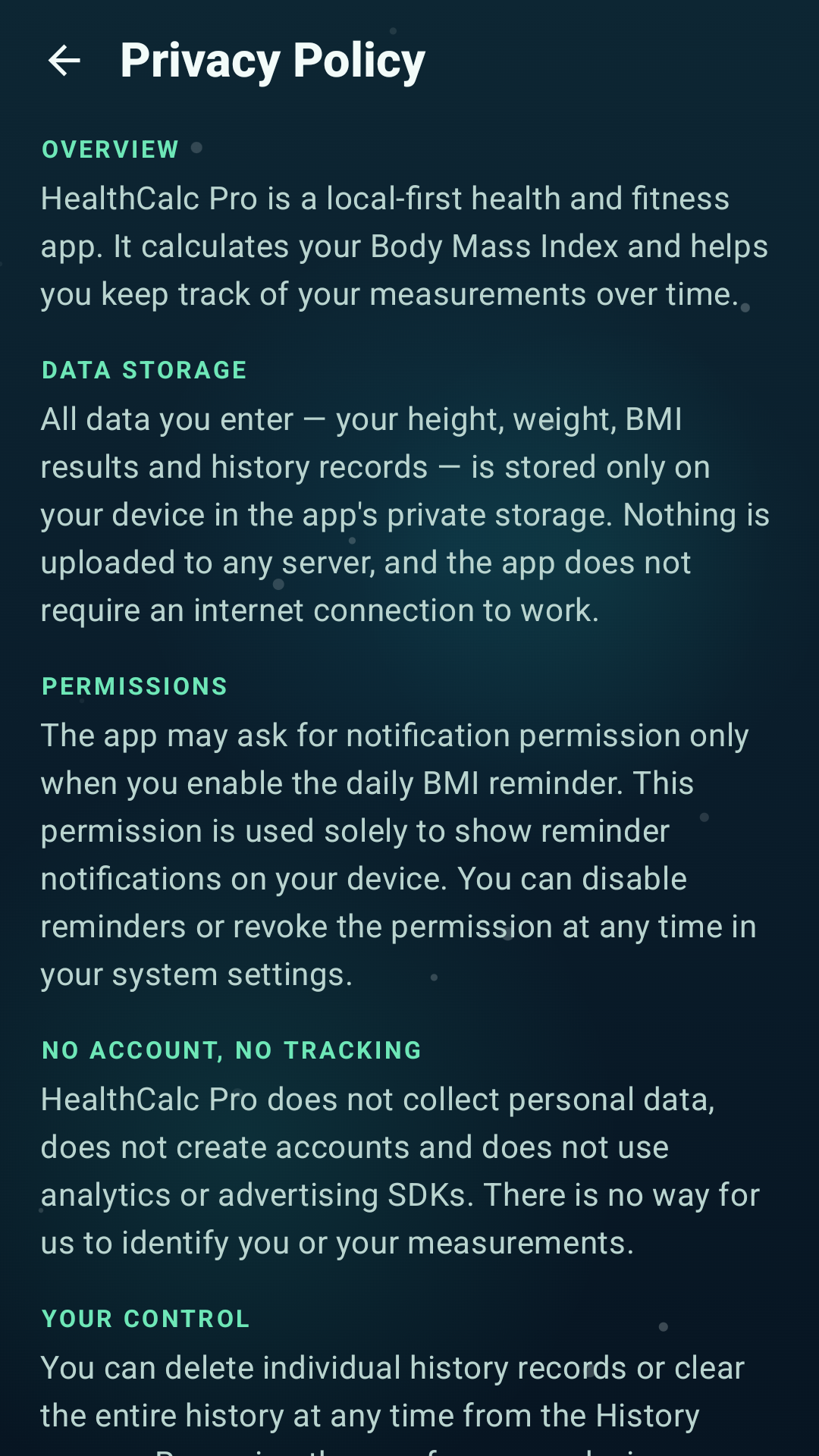 HealthCalc Pro privacy screen